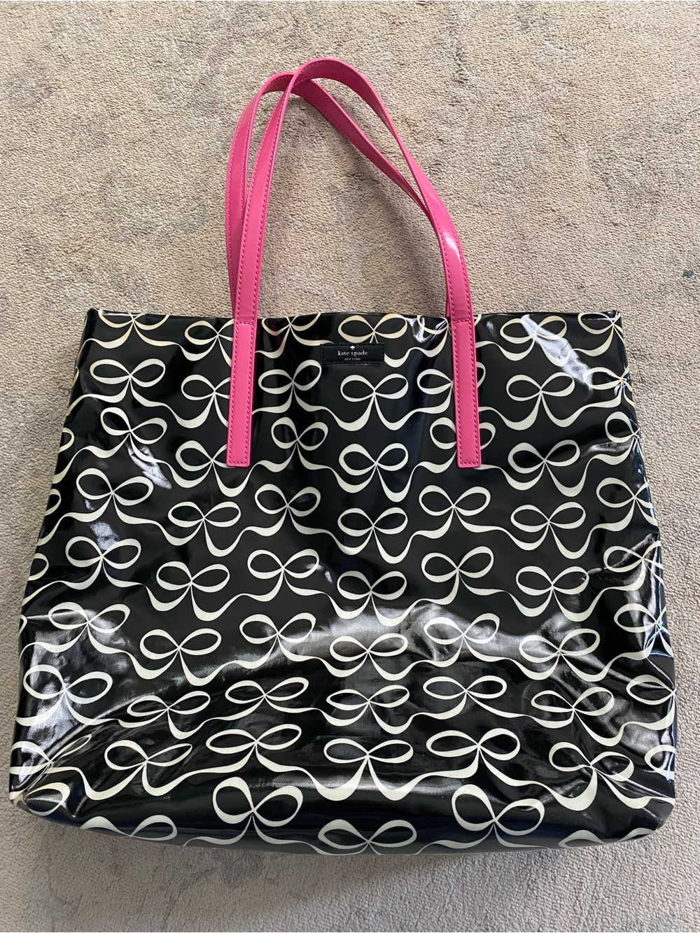 Kate Spade Bow Tote Bag Black White Pink Coated Cotton Beach Pool